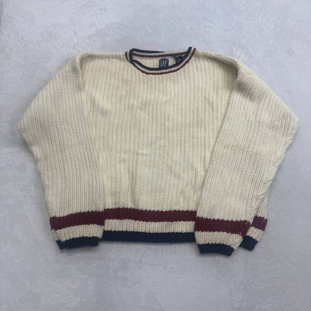 Gap Men's Cream Cotton Knit Sweater Size M Navy Burgundy Trim Vintage 90s Ribbed